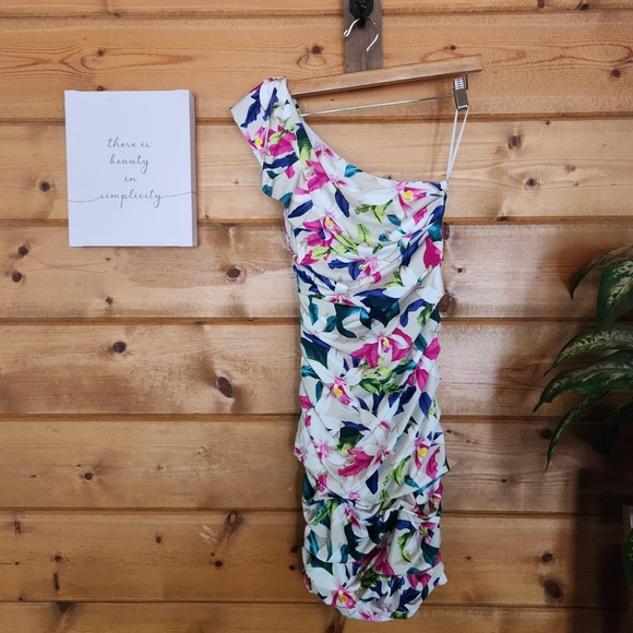 Express One Shoulder Bodycon Sheath Dress Floral Tropical Pleated Stretch Size 2 - Picture 7 of 10